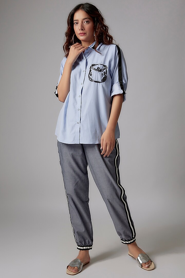 Blue Chambray Joggers by Richaa Goenka at Pernia's Pop Up Shop