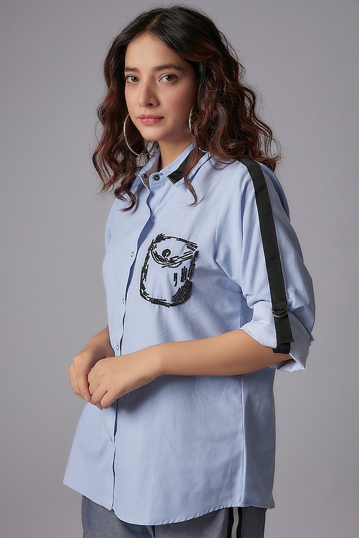 Blue Chambray Embroidered Shirt by Richaa Goenka