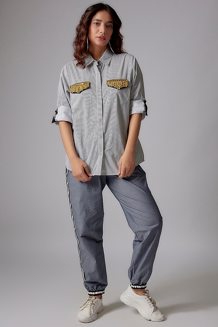 Black & White Cotton Poplin Striped Shirt by Richaa Goenka at Pernia's Pop Up Shop