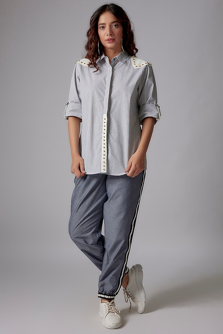 Black & White Cotton Poplin Striped Shirt by Richaa Goenka at Pernia's Pop Up Shop