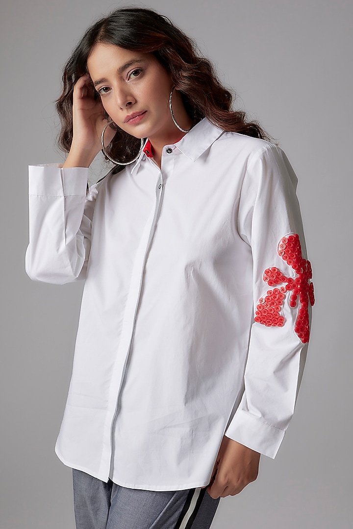 White Cotton Poplin Embroidered Shirt by Richaa Goenka
