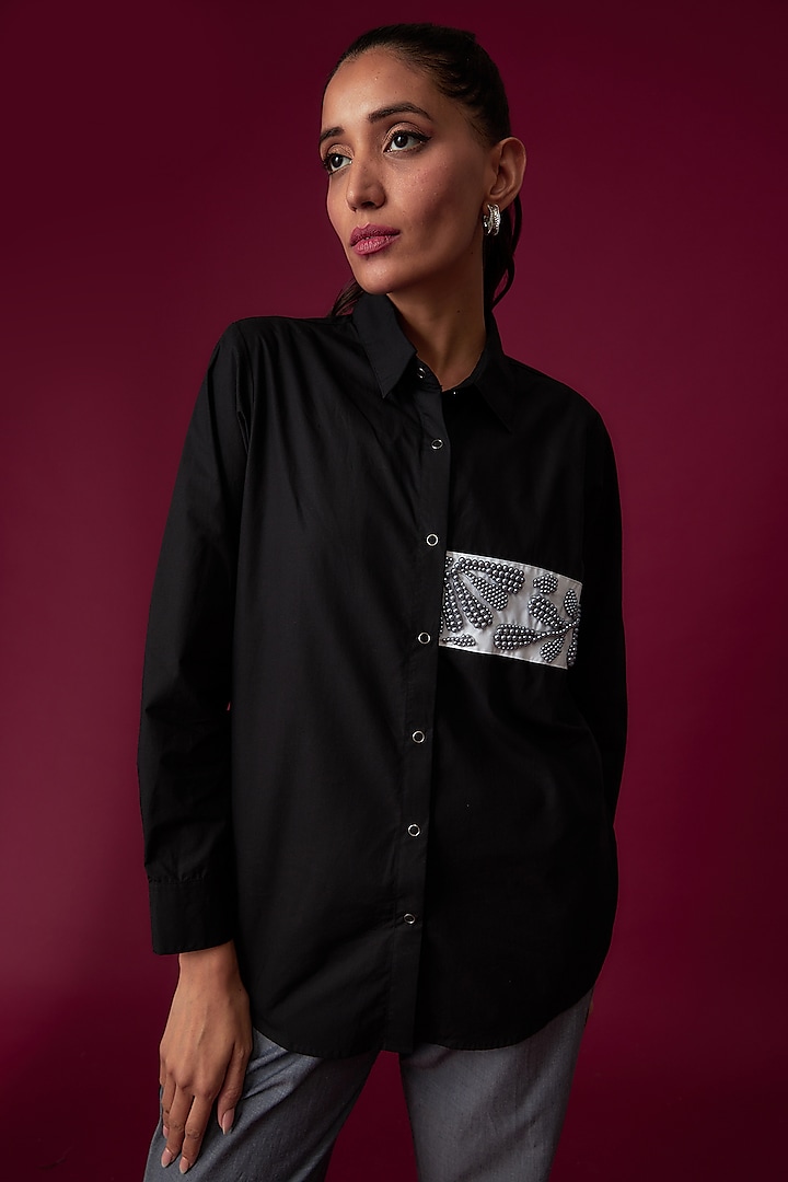 Black Cotton Poplin Embroidered Shirt by Richaa Goenka