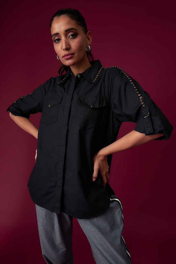 Black Cotton Poplin Shirt by Richaa Goenka