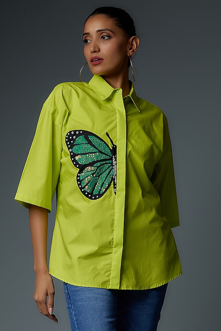 Green Cotton Poplin Embroidered Oversized Shirt by Richaa Goenka