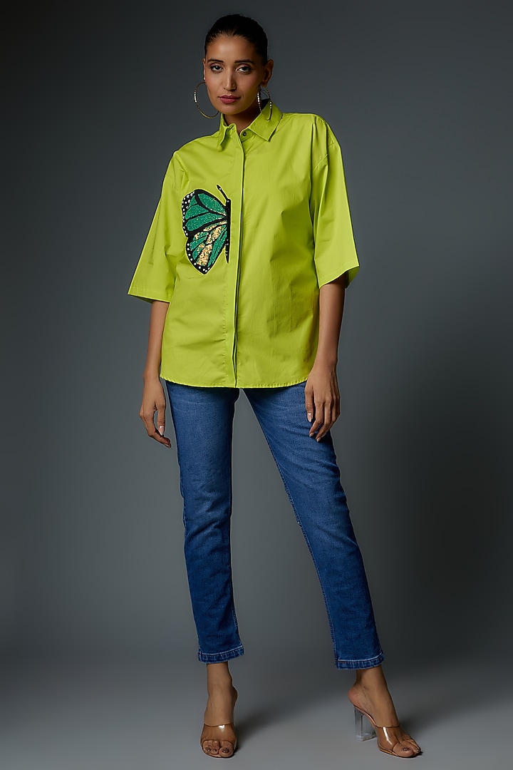 Green Cotton Poplin Embroidered Oversized Shirt by Richaa Goenka at Pernia's Pop Up Shop