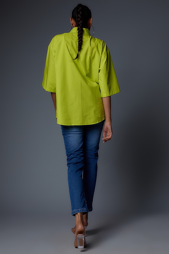 Green Cotton Poplin Embroidered Oversized Shirt by Richaa Goenka at Pernia's Pop Up Shop