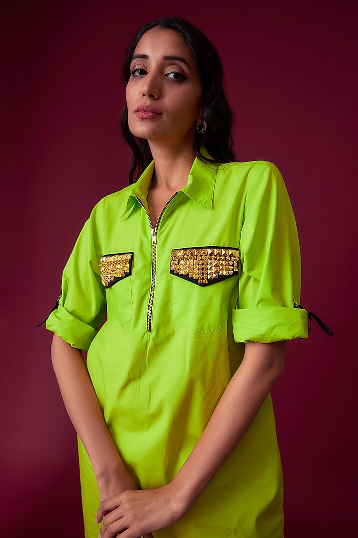 Neon Green Cotton Poplin Summer Shirt Dress by Richaa Goenka at Pernia's Pop Up Shop