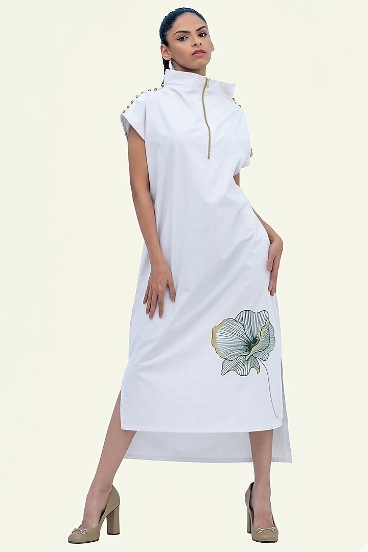 White Cotton Foil Printed High-Low Midi Summer Dress by Richaa Goenka at Pernia's Pop Up Shop