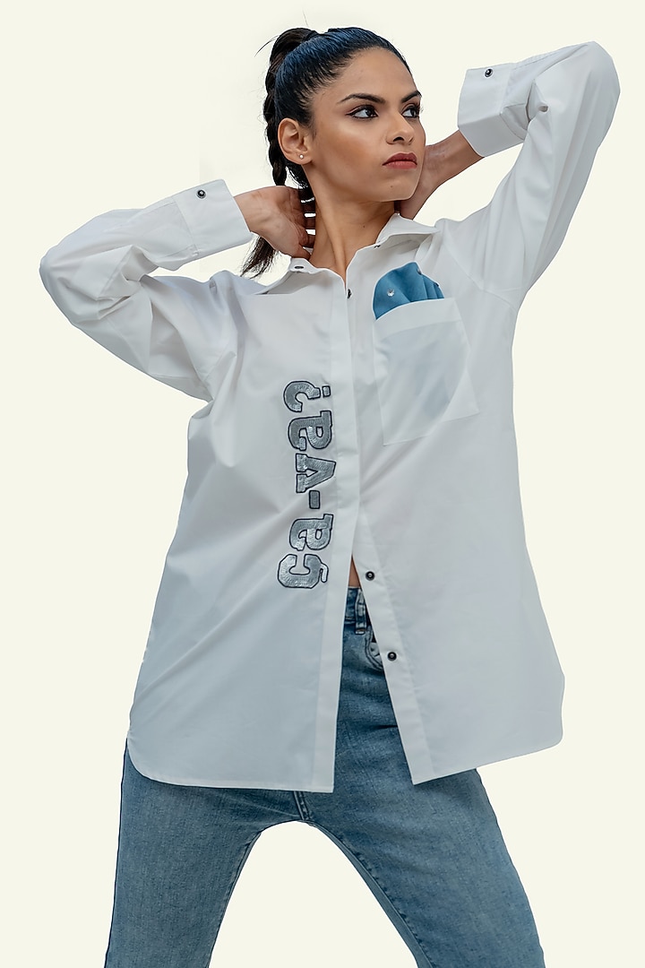 White Cotton Sequin Embroidered Shirt by Richaa Goenka at Pernia's Pop Up Shop