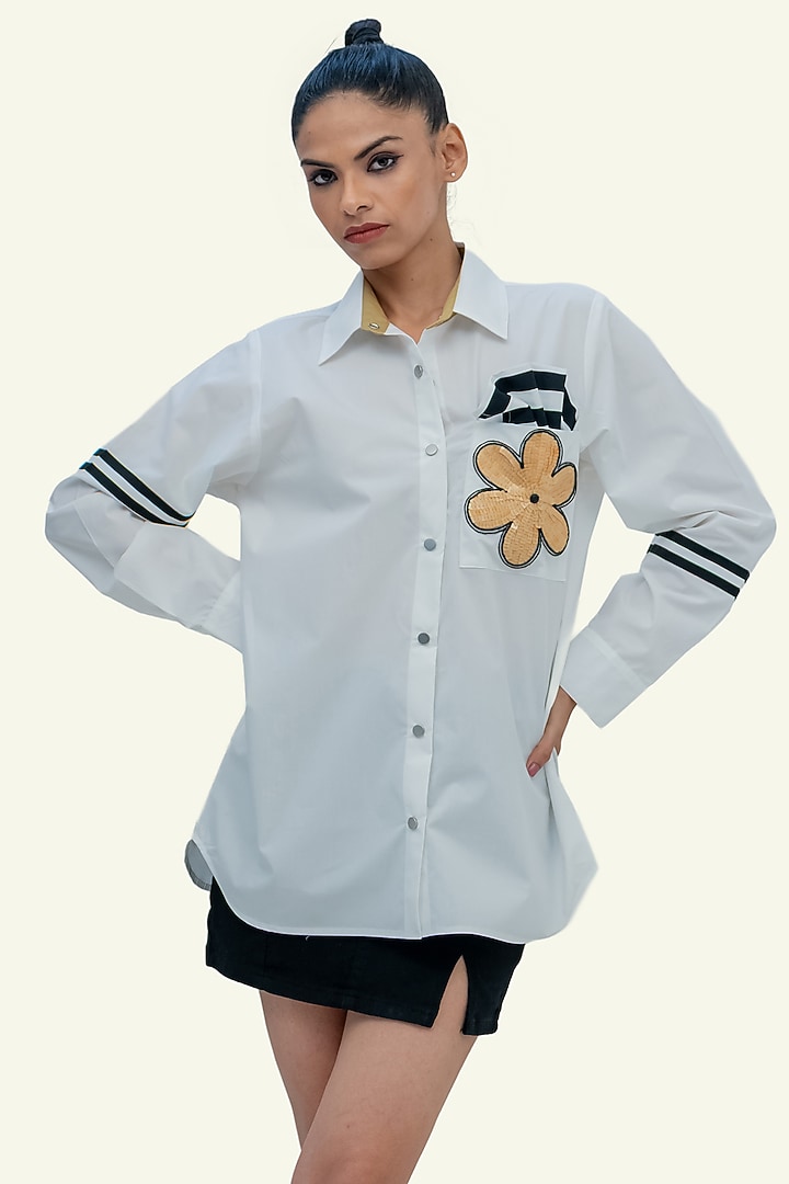 White Cotton Sequin Embroidered Striped Shirt by Richaa Goenka at Pernia's Pop Up Shop