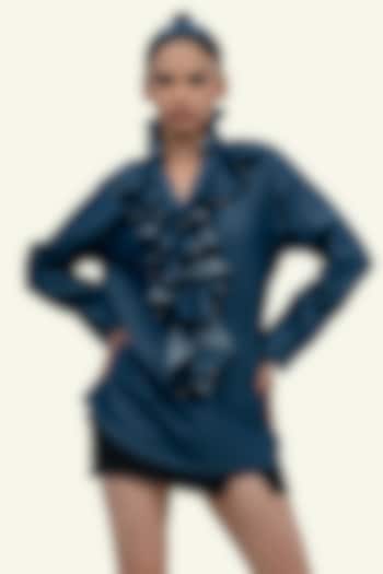 Blue Denim Cotton Ruffled Shirt by Richaa Goenka at Pernia's Pop Up Shop