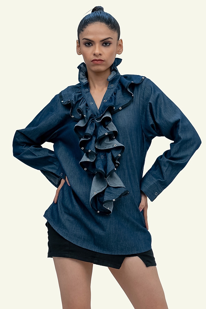Blue Denim Cotton Ruffled Shirt by Richaa Goenka at Pernia's Pop Up Shop