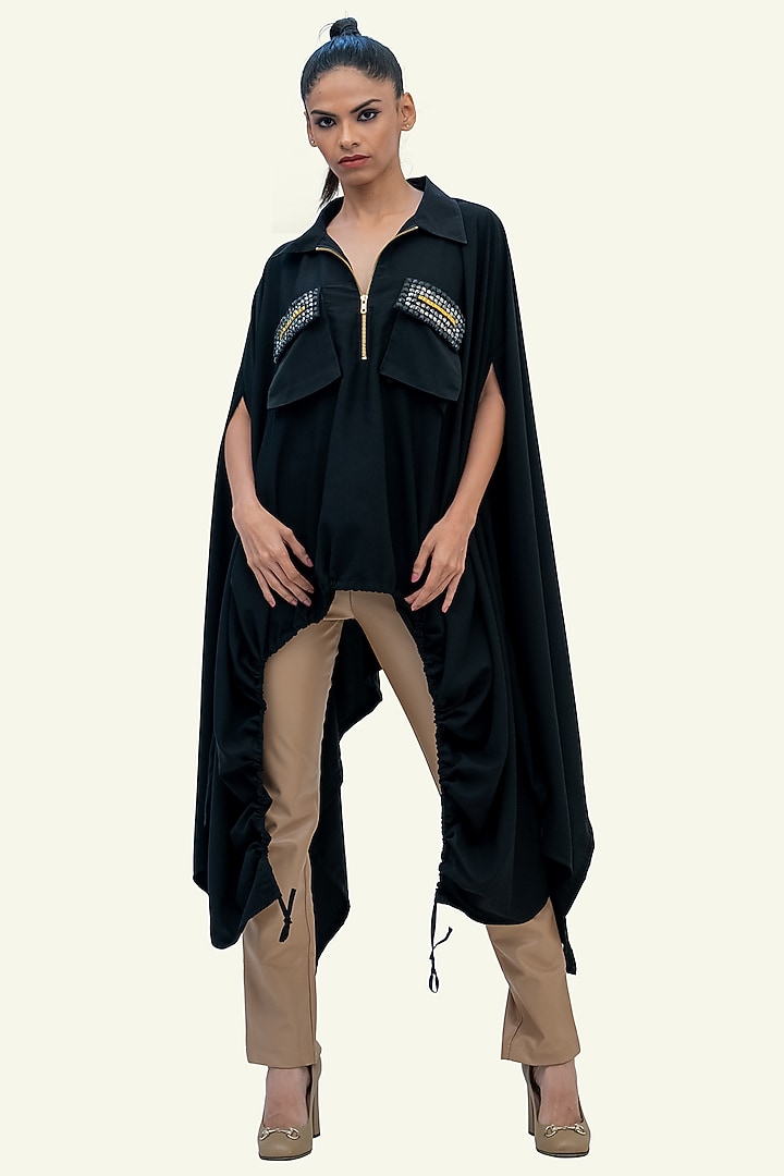 Black Double Georgette Embroidered Cape by Richaa Goenka at Pernia's Pop Up Shop