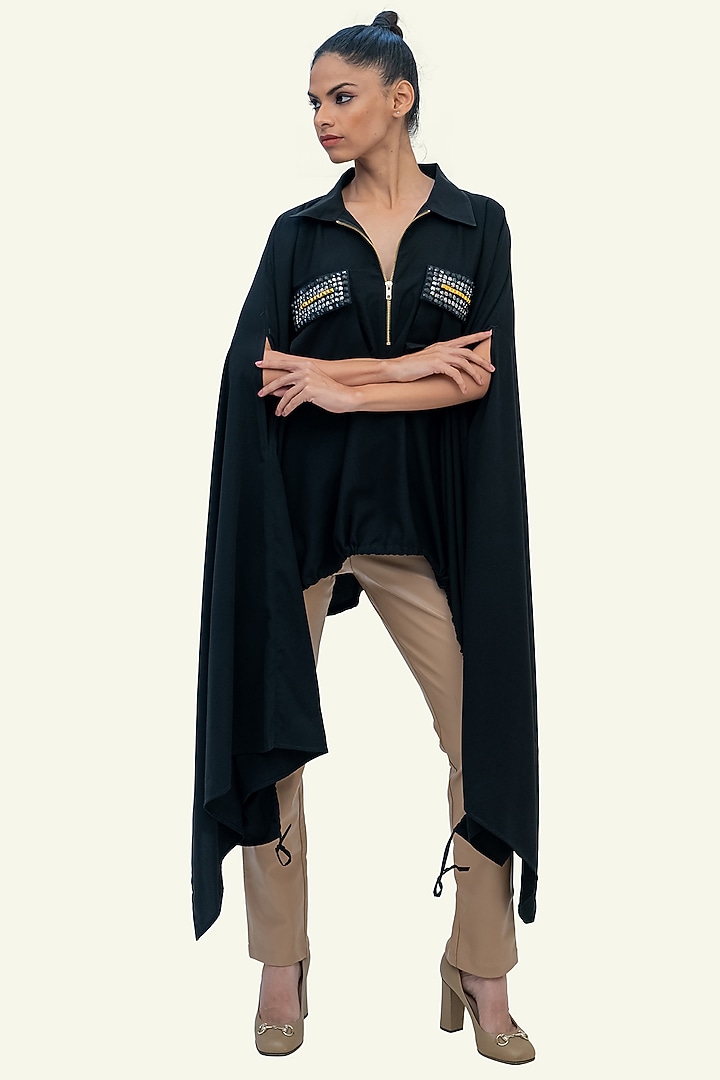 Black Double Georgette Embroidered Cape by Richaa Goenka at Pernia's Pop Up Shop