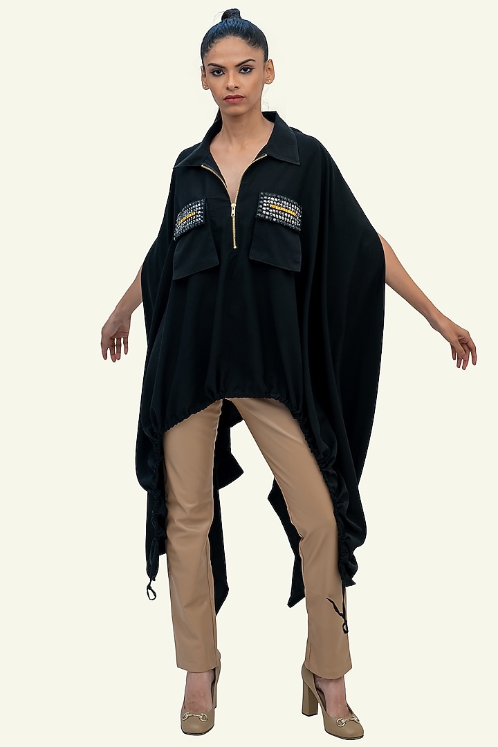 Black Double Georgette Embroidered Cape by Richaa Goenka at Pernia's Pop Up Shop