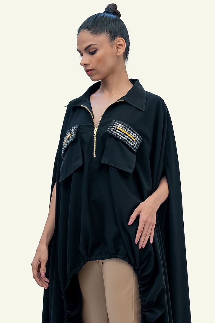 Black Double Georgette Embroidered Cape by Richaa Goenka at Pernia's Pop Up Shop
