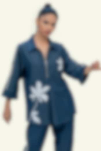 Blue Denim Cotton Sequin Embroidered Shirt by Richaa Goenka at Pernia's Pop Up Shop