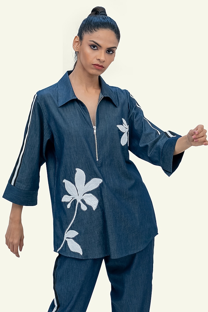 Blue Denim Cotton Sequin Embroidered Shirt by Richaa Goenka at Pernia's Pop Up Shop