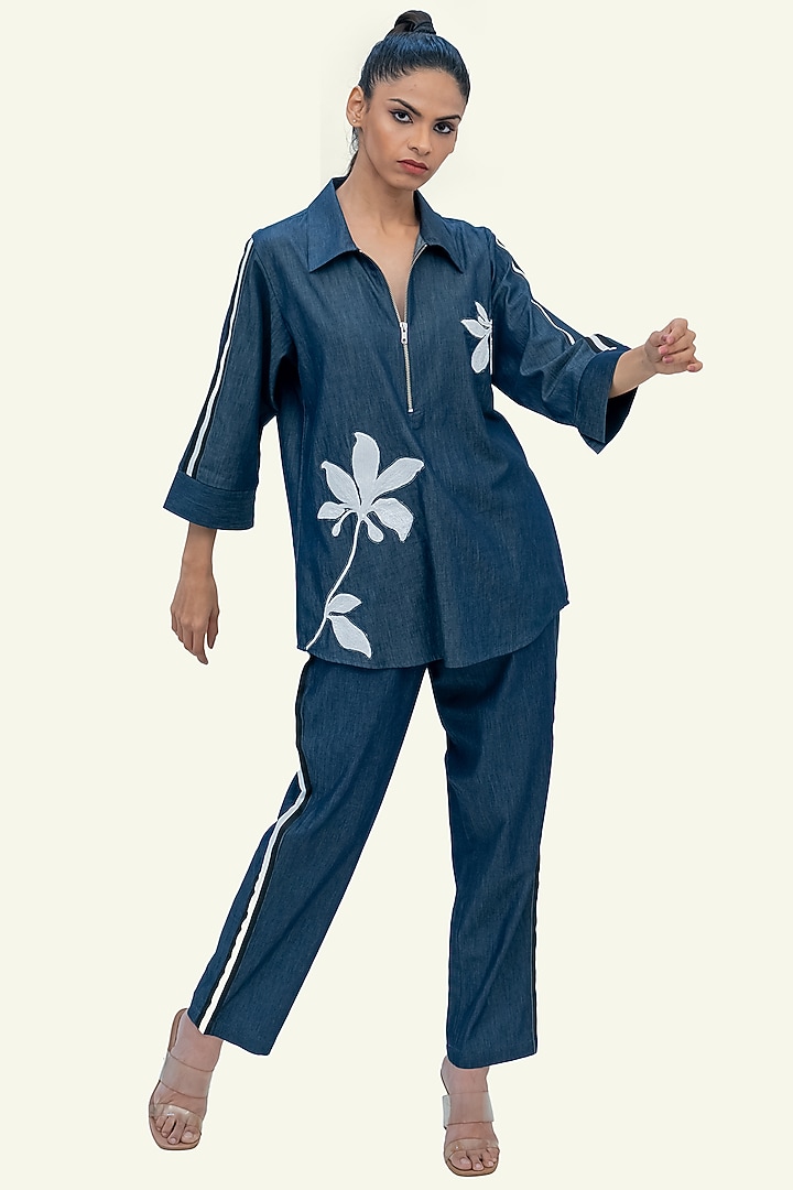Blue Denim Cotton Sequin Embroidered Co-Ord Set by Richaa Goenka at Pernia's Pop Up Shop