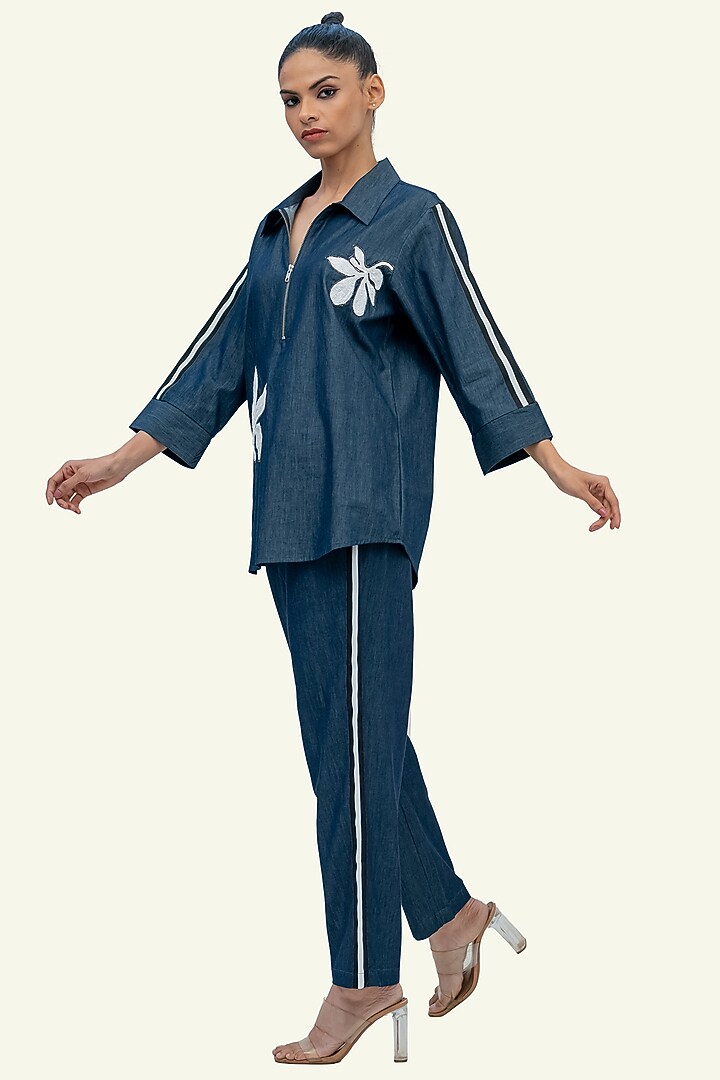 Blue Denim Cotton Sequin Embroidered Co-Ord Set by Richaa Goenka at Pernia's Pop Up Shop