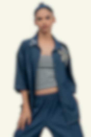 Blue Denim Cotton Bead Embroidered Shirt by Richaa Goenka at Pernia's Pop Up Shop