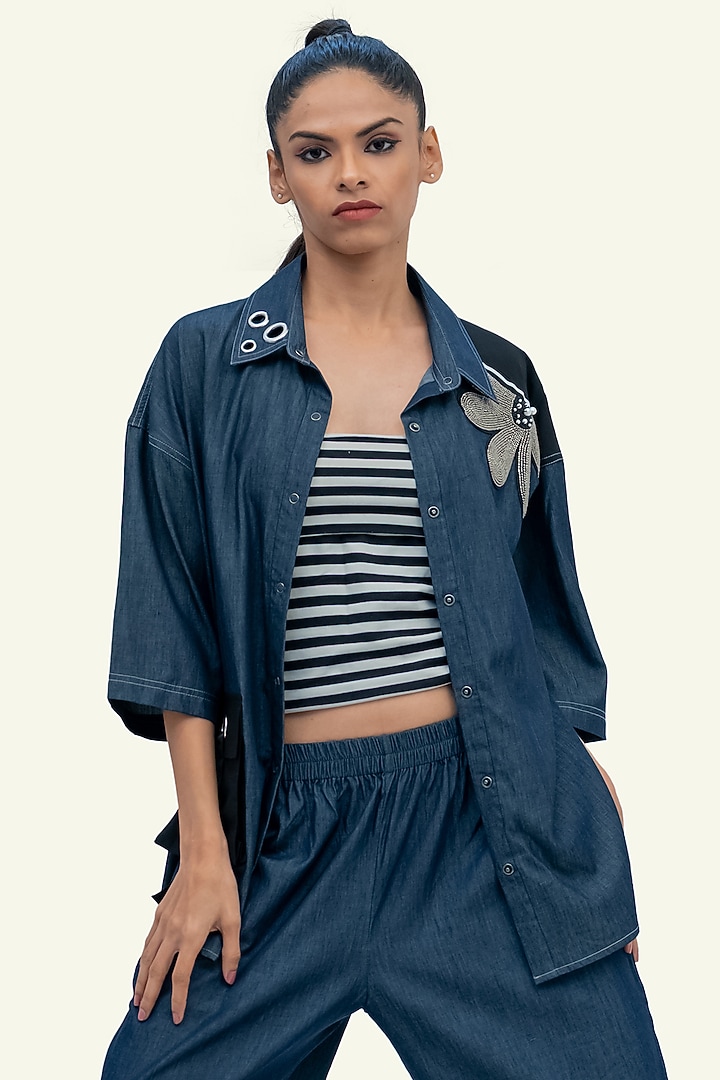 Blue Denim Cotton Bead Embroidered Shirt by Richaa Goenka at Pernia's Pop Up Shop