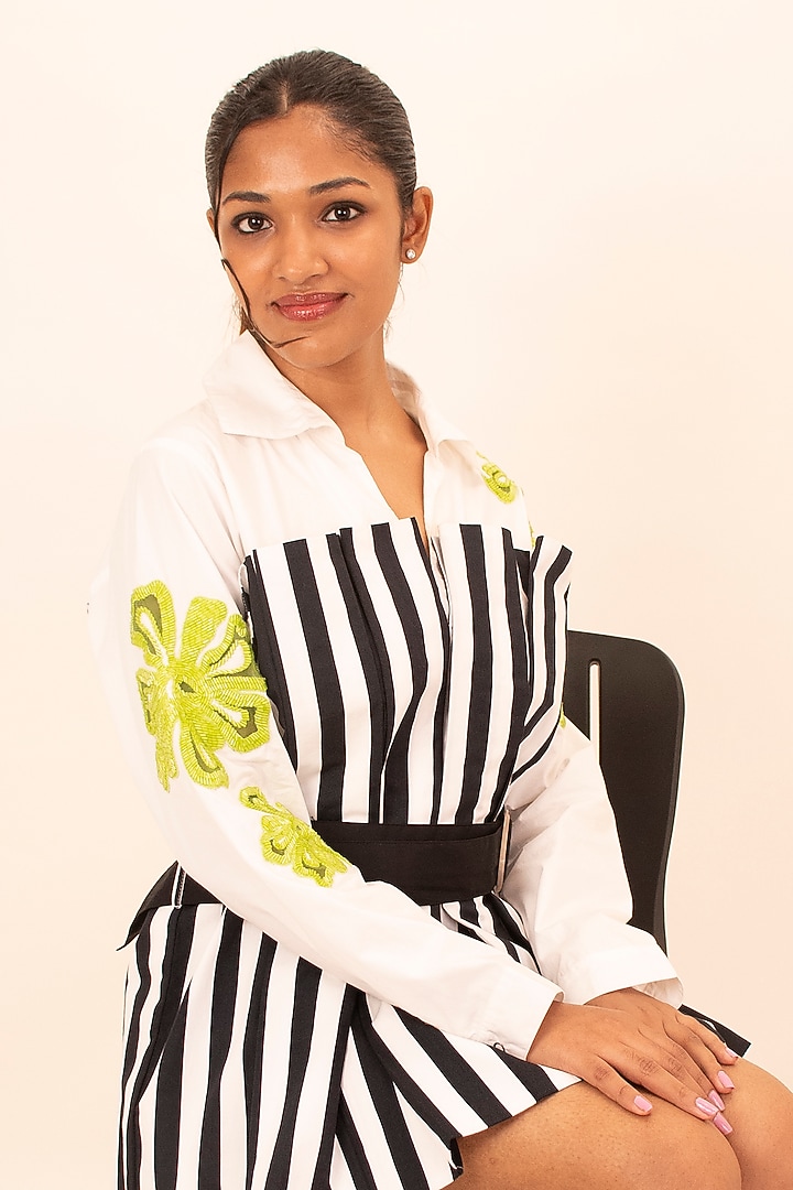 Black & White Cotton Embroidered Striped Mini Summer Dress by Richaa Goenka at Pernia's Pop Up Shop