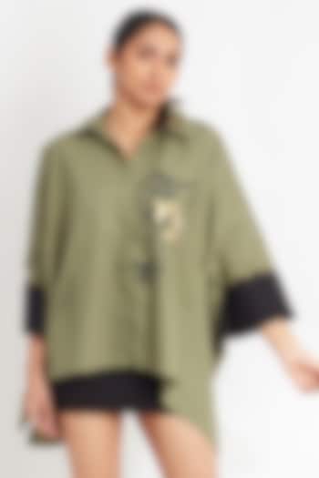 Olive Cotton Foil Printed Poncho Shirt by Richaa Goenka at Pernia's Pop Up Shop