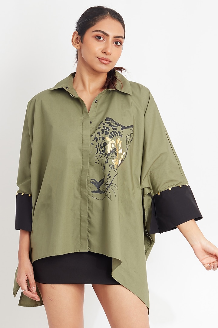 Olive Cotton Foil Printed Poncho Shirt by Richaa Goenka at Pernia's Pop Up Shop