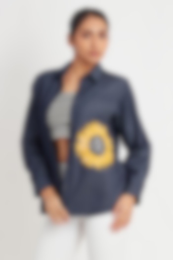 Midnight Blue Denim Sequin Embroidered Shirt by Richaa Goenka at Pernia's Pop Up Shop