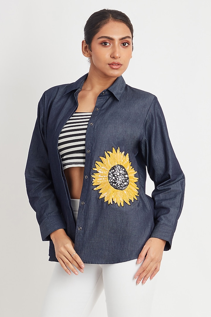 Midnight Blue Denim Sequin Embroidered Shirt by Richaa Goenka at Pernia's Pop Up Shop