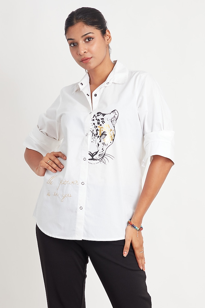 White Cotton Embroidered Shirt by Richaa Goenka at Pernia's Pop Up Shop
