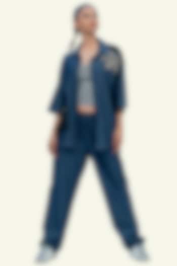 Blue Denim Cotton Bead Embroidered Co-Ord Set by Richaa Goenka at Pernia's Pop Up Shop