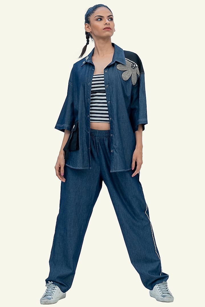 Blue Denim Cotton Bead Embroidered Co-Ord Set by Richaa Goenka at Pernia's Pop Up Shop