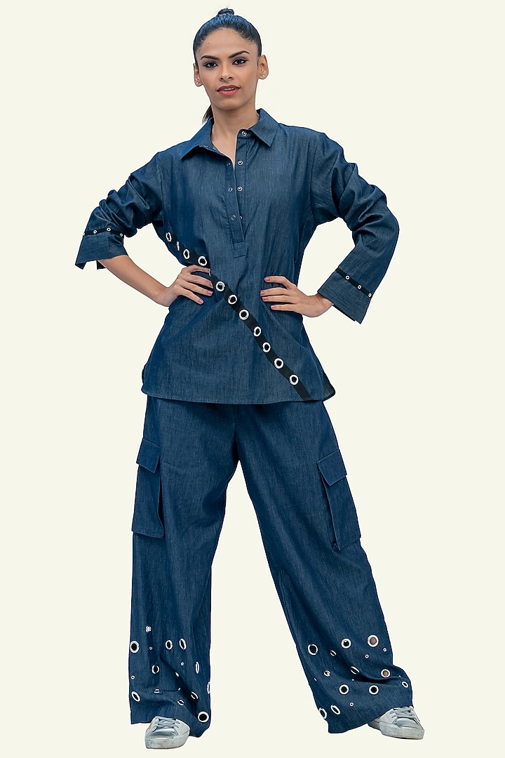 Blue Denim Cotton Floral Embroidered Shirt by Richaa Goenka at Pernia's Pop Up Shop
