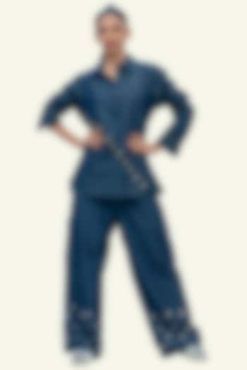 Blue Denim Cotton Bead Embroidered Co-Ord Set by Richaa Goenka at Pernia's Pop Up Shop