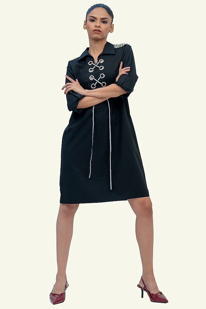 Black Cotton Embellished Mini Summer Dress by Richaa Goenka at Pernia's Pop Up Shop