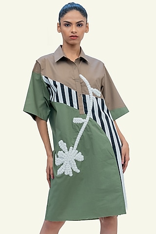 Olive Cotton Floral Embroidered Dress by Richaa Goenka