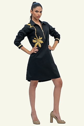 Black Cotton Floral Embroidered Dress by Richaa Goenka