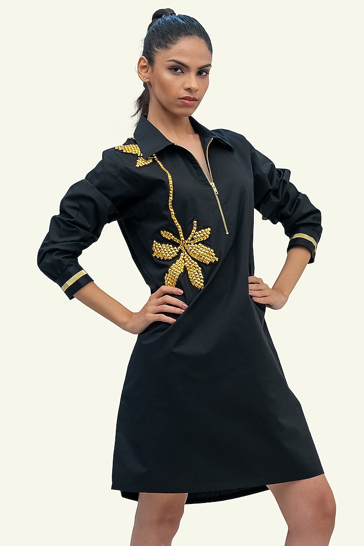Black Cotton Floral Embroidered Summer Dress by Richaa Goenka at Pernia's Pop Up Shop