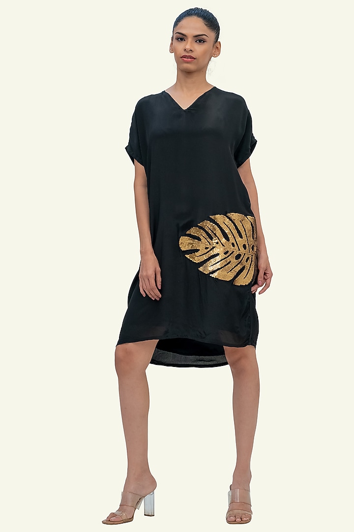 Black Crepe Sequin Embroidered Mini Summer Dress by Richaa Goenka at Pernia's Pop Up Shop
