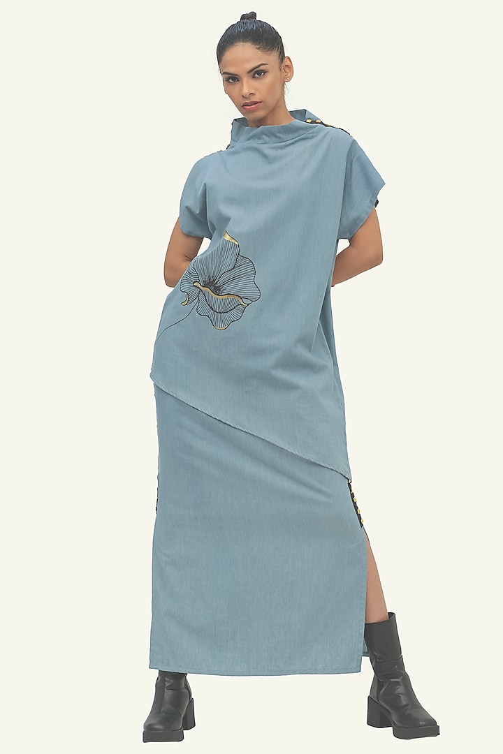 Blue Denim Cotton Foil Printed Asymmetric Top by Richaa Goenka at Pernia's Pop Up Shop