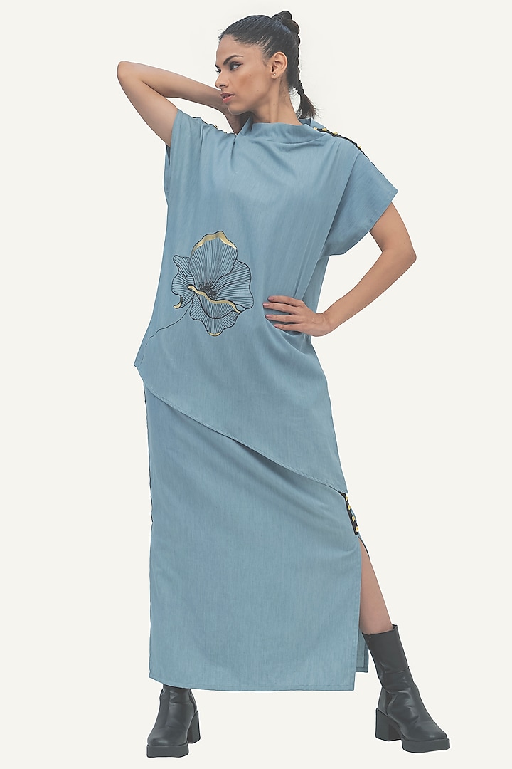 Blue Denim Cotton Skirt Set by Richaa Goenka at Pernia's Pop Up Shop