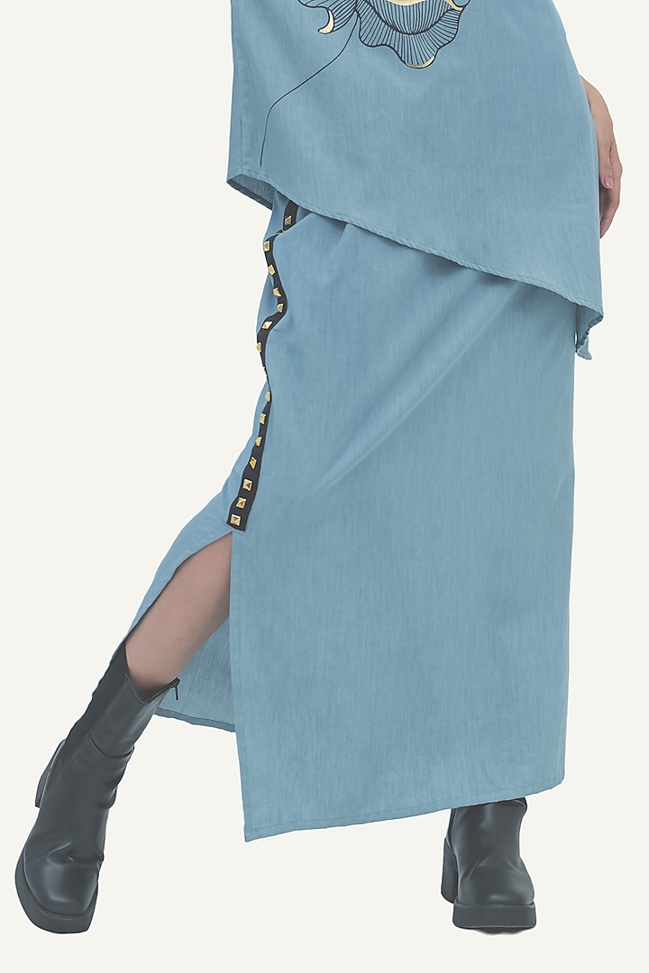 Blue Denim Cotton Skirt Set by Richaa Goenka at Pernia's Pop Up Shop