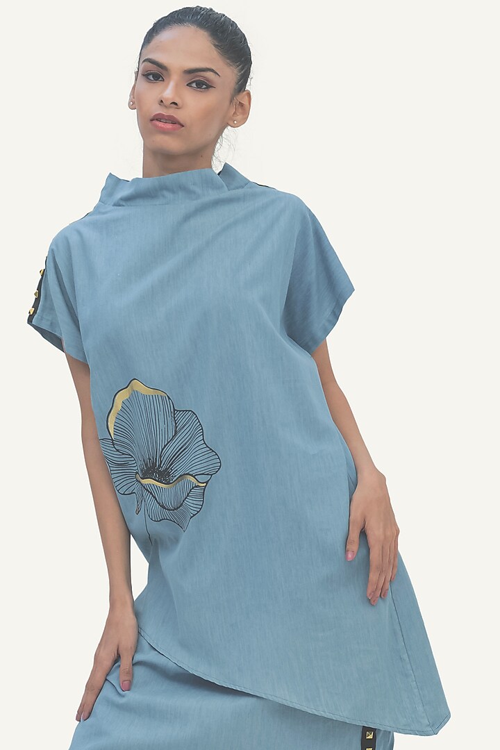 Blue Denim Cotton Skirt Set by Richaa Goenka at Pernia's Pop Up Shop