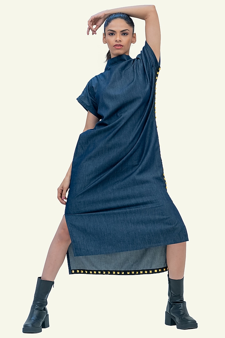 Blue Denim Cotton High-Low Midi Summer Dress by Richaa Goenka at Pernia's Pop Up Shop