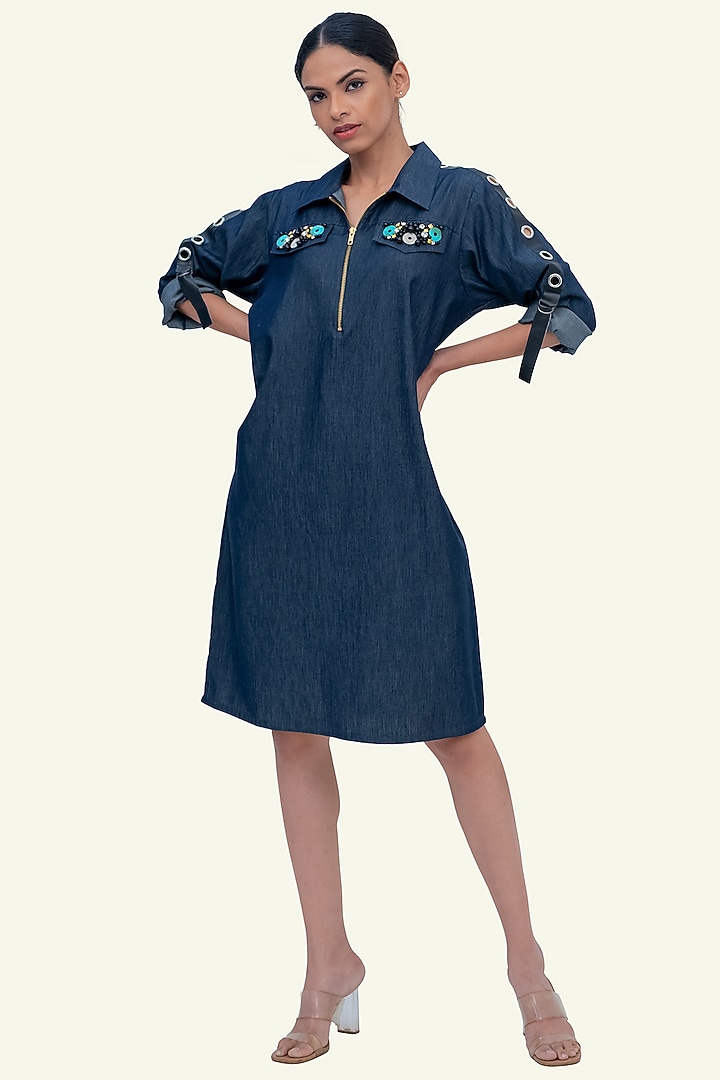 Blue Denim Cotton Embroidered Summer Dress by Richaa Goenka at Pernia's Pop Up Shop