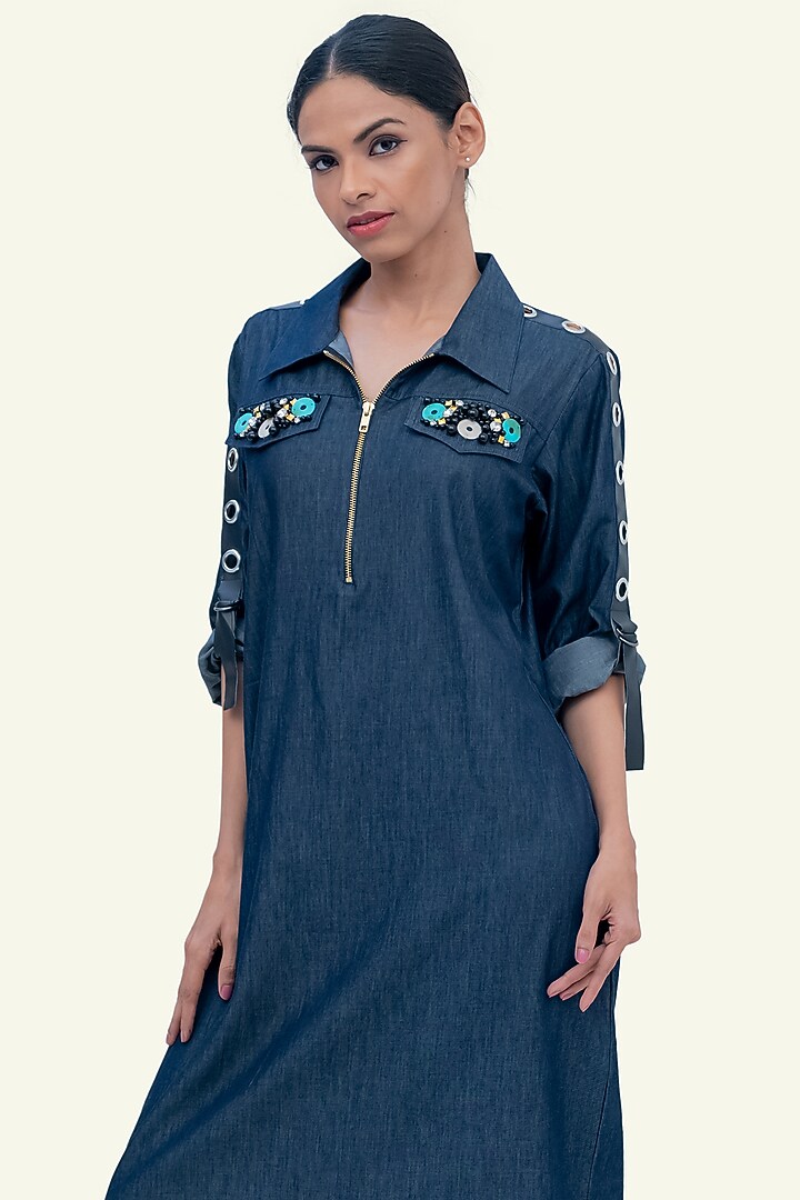 Blue Denim Cotton Embroidered Summer Dress by Richaa Goenka at Pernia's Pop Up Shop