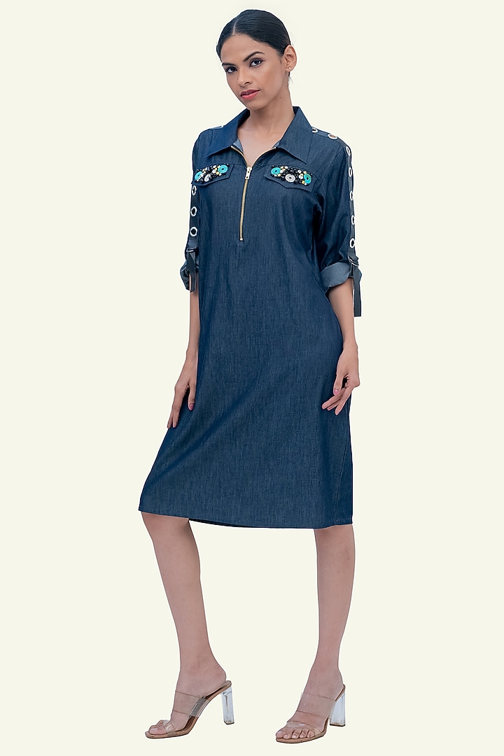 Blue Denim Cotton Embroidered Summer Dress by Richaa Goenka at Pernia's Pop Up Shop