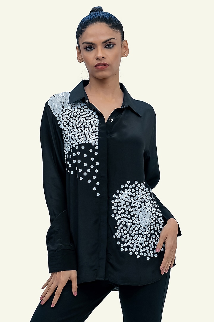 Black Crepe Sequin Embroidered Shirt by Richaa Goenka at Pernia's Pop Up Shop